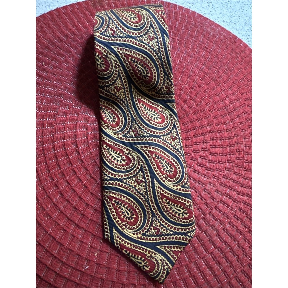 Harrods Knightsbridge Made in England Paisley ALL Silk‎ Tie Gold Red Blue